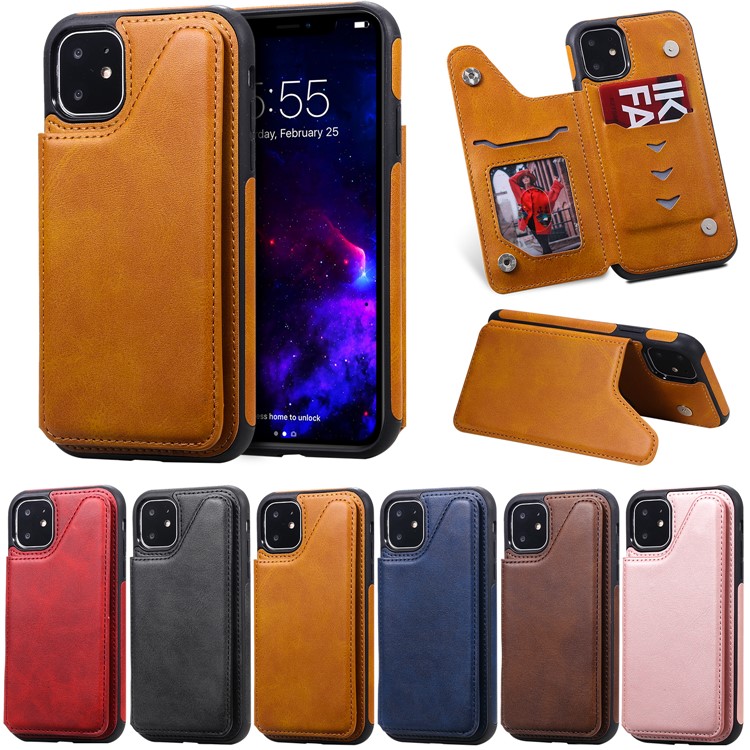 Card Slots PU Leather Coated TPU Cover Phone Case for iPhone 11 6.1-inch - Brown-23