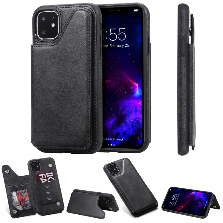 Slots de Cartão KT Couro Revestido de Couro 4 PU Cape TPU Cape TPU Case Para Iphone 11 6,1 Polegadas - Preto