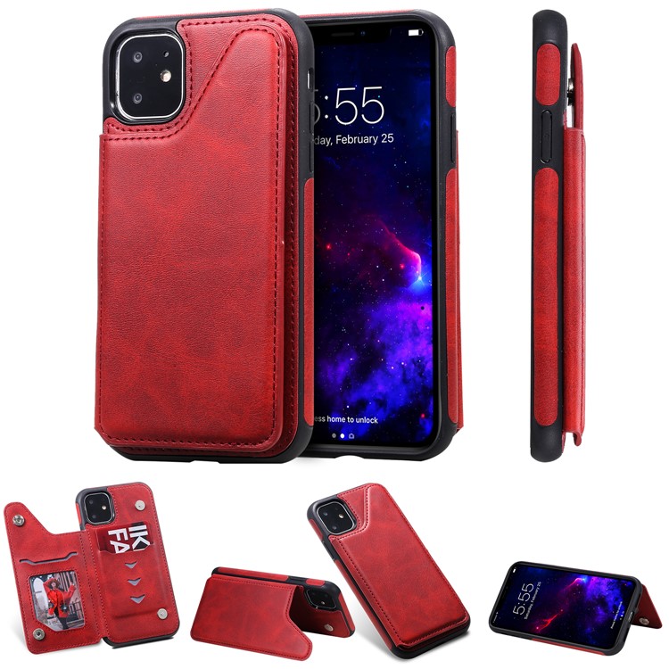 Slots de Cartão KT Couro Revestido de Couro 4 PU Cape TPU Cape TPU Case Para Iphone 11 6,1 Polegadas - Vermelho