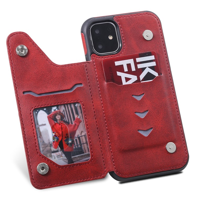 Slots de Cartão KT Couro Revestido de Couro 4 PU Cape TPU Cape TPU Case Para Iphone 11 6,1 Polegadas - Vermelho