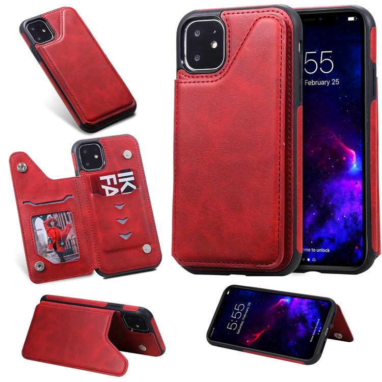 Card Slots PU Leather Coated TPU Cover Phone Case for iPhone 11 6.1-inch - Red-11