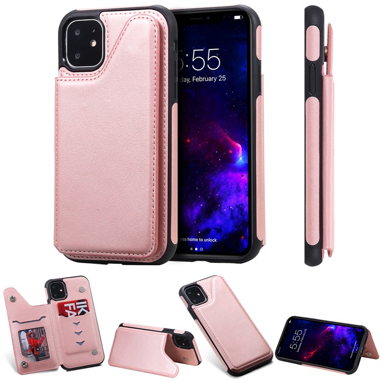 Card Slots PU Leather Coated TPU Cover Phone Case for iPhone 11 6.1-inch - Rose Gold-1