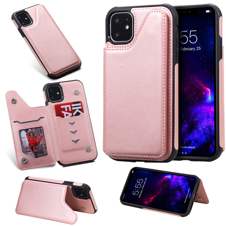 Card Slots PU Leather Coated TPU Cover Phone Case for iPhone 11 6.1-inch - Rose Gold-11