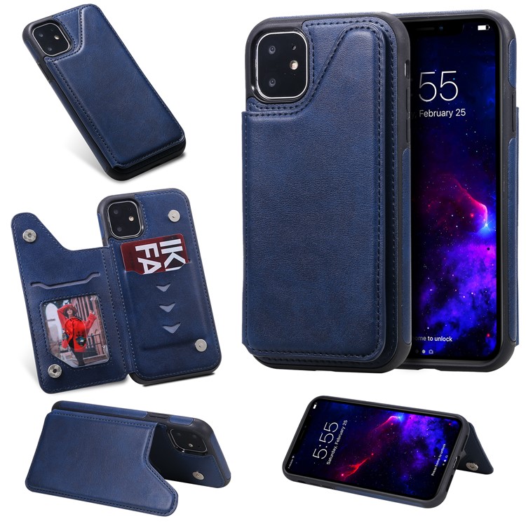 Card Slots PU Leather Coated TPU Cover Phone Case for iPhone 11 6.1-inch - Dark Blue-11