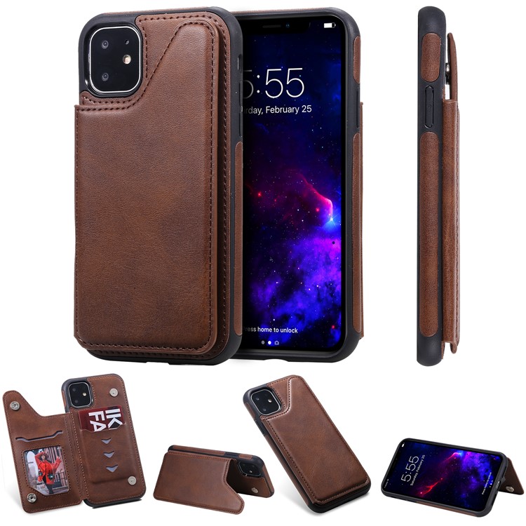 Slots de Cartão KT Couro Revestido de Couro 4 PU Cape TPU Cape TPU Case Para Iphone 11 6,1 Polegadas - Café