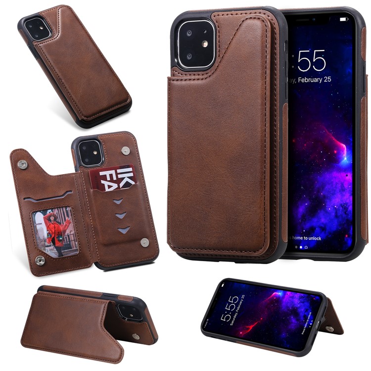 Slots de Cartão KT Couro Revestido de Couro 4 PU Cape TPU Cape TPU Case Para Iphone 11 6,1 Polegadas - Café