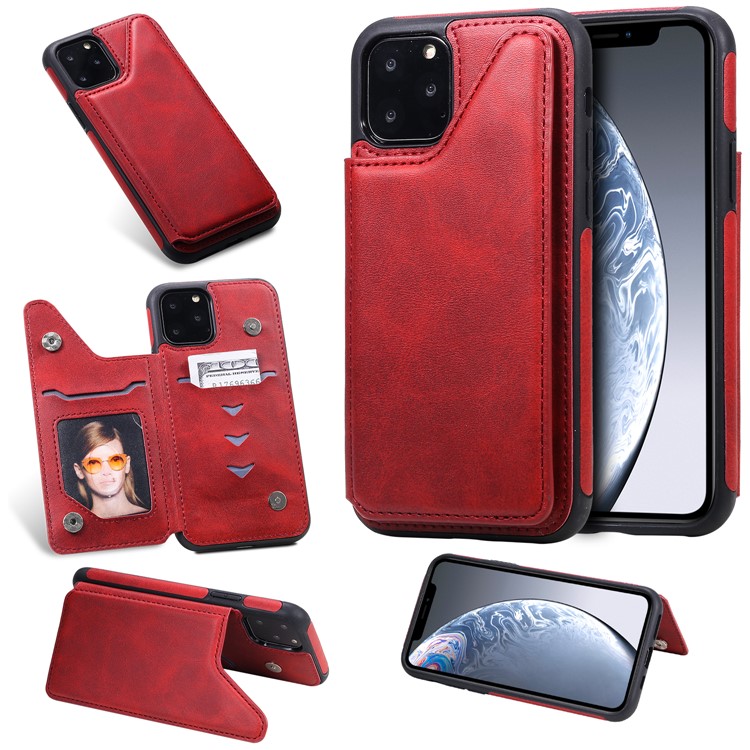 Card Slots PU Leather Coated TPU Cover Phone Case for iPhone 11 Pro 5.8-inch - Red-11