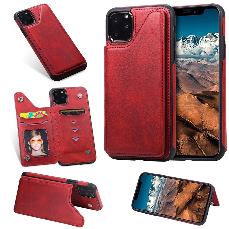 PU Leather Coated TPU Cover Phone Case with Card Slots for iPhone 11 Pro Max 6.5 inch - Red-22