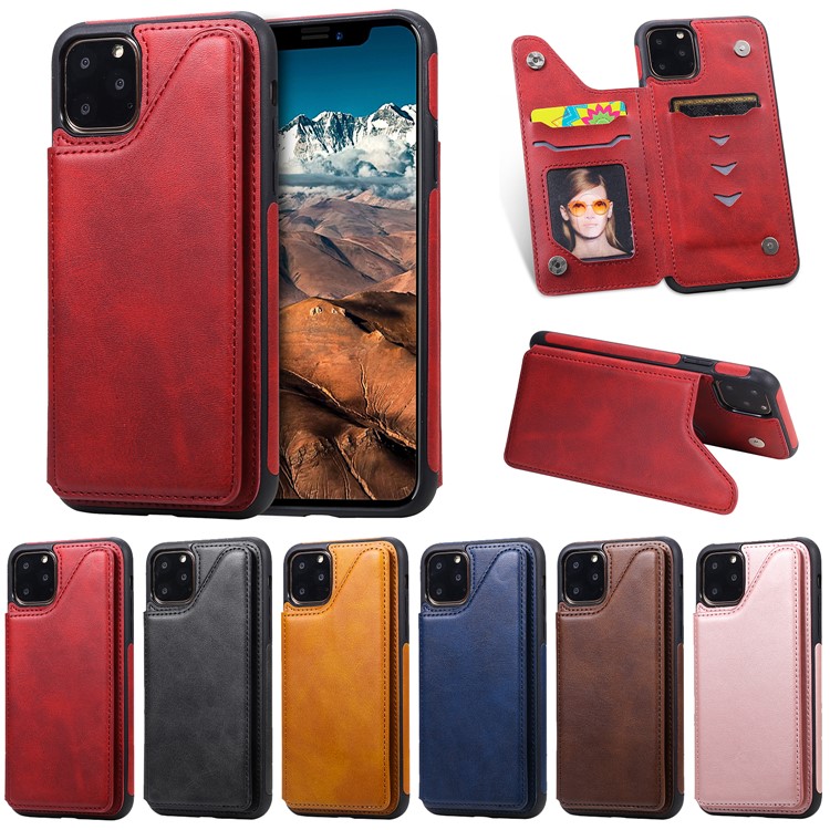 KT Leather Coated Series-4 PU Leather Coated TPU Cover Phone Case with Card Slots for iPhone 11 Pro Max 6.5 inch - Red-23