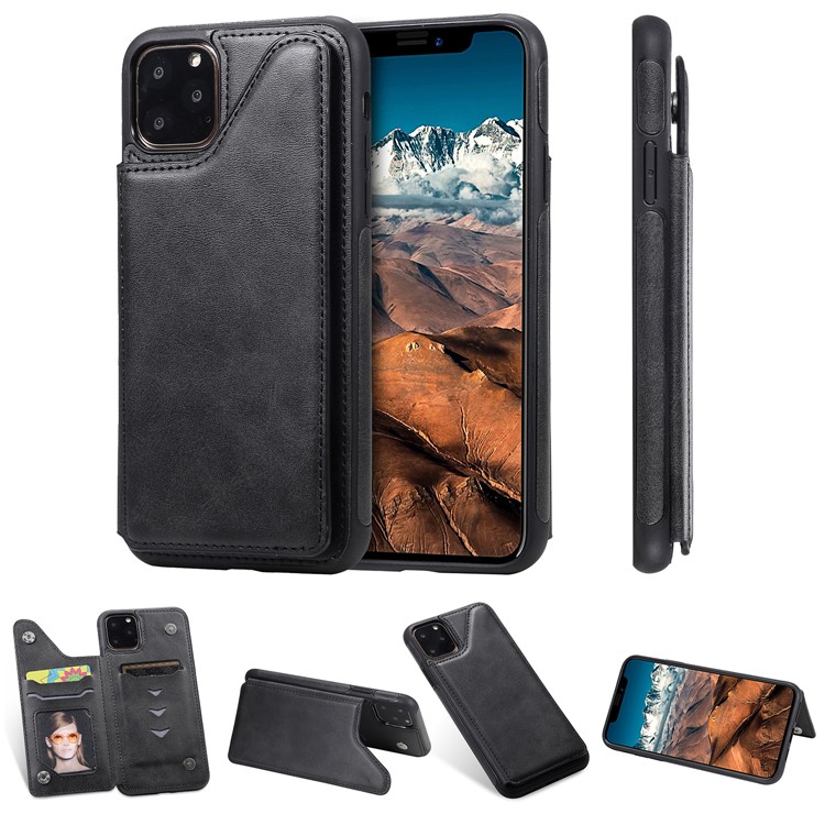 Case de Teléfono TPU Recubierto de Cuero Con Recubrimiento de Cuero KT de Cuero 4 Con Ranuras Para Tarjetas Para Iphone 11 Pro Max 6.5 Pulgadas - Negro