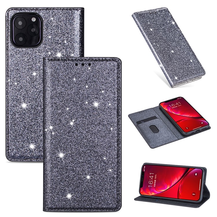 Flash Powder Stand Leather Card Holder Case for iPhone 11 Pro Max 6.5 inch - Grey-1