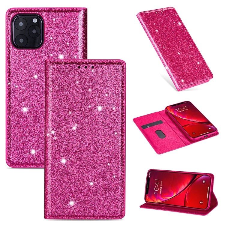 Flash Powder Stand Leather Card Holder Case for iPhone 11 Pro Max 6.5 inch - Rose-1