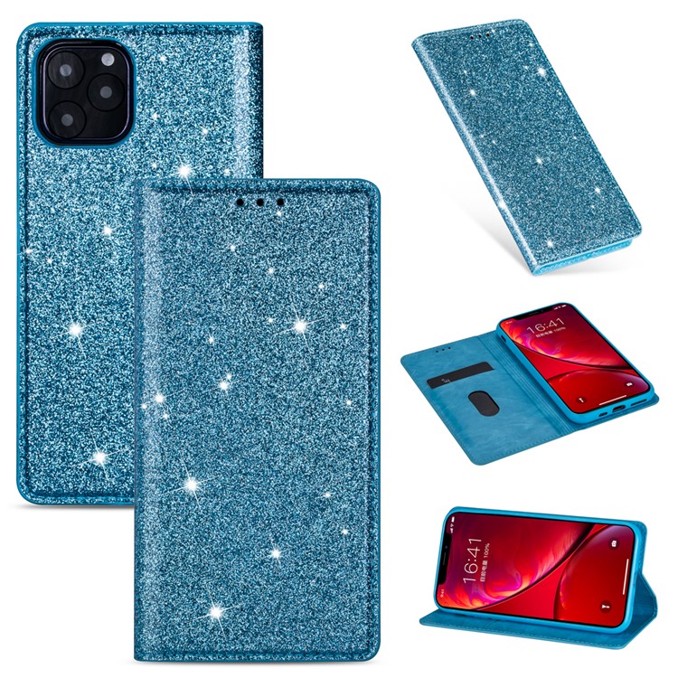 Flash Powder Stand Leather Card Holder Case for iPhone 11 Pro Max 6.5 inch - Sky Blue-1