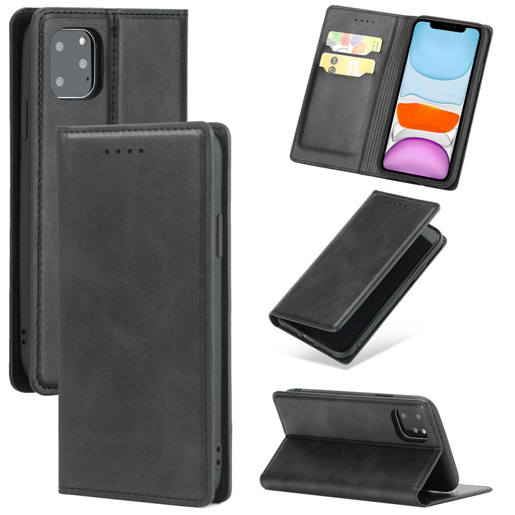 Auto-absorbed PU Leather Stand Case Cover with Card Slots for iPhone 11 Pro Max 6.5-inch - Black