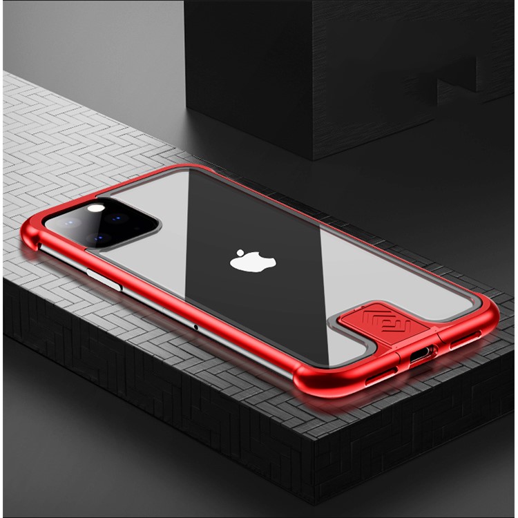 Leshield Series Metal Frame + Hard Glass Back Phone Case for iPhone 11 Pro Max 6.5-inch - Red