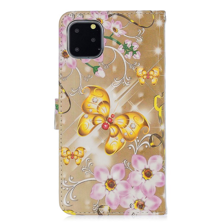 Lichtflecks Dekormuster Druck Mappenledertelefonabdeckung Für Iphone 11 Pro Max 6,5 Zoll - Gold Schmetterling Und Rosa Blume-2