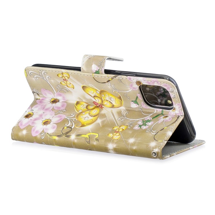 Lichtflecks Dekormuster Druck Mappenledertelefonabdeckung Für Iphone 11 Pro Max 6,5 Zoll - Gold Schmetterling Und Rosa Blume-3