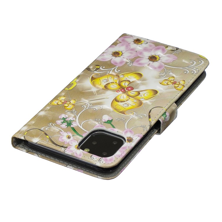 Lichtflecks Dekormuster Druck Mappenledertelefonabdeckung Für Iphone 11 Pro Max 6,5 Zoll - Gold Schmetterling Und Rosa Blume-6
