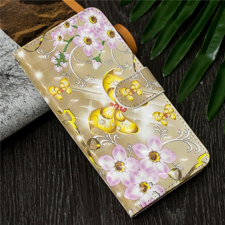 Lichtflecks Dekormuster Druck Mappenledertelefonabdeckung Für Iphone 11 Pro Max 6,5 Zoll - Gold Schmetterling Und Rosa Blume-7