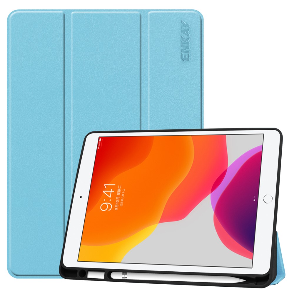 ENKAY Tri-fold Stand PU Leather Tablet Cover with Pen Holder for Apple iPad 10.2 (2019) - Blue-1