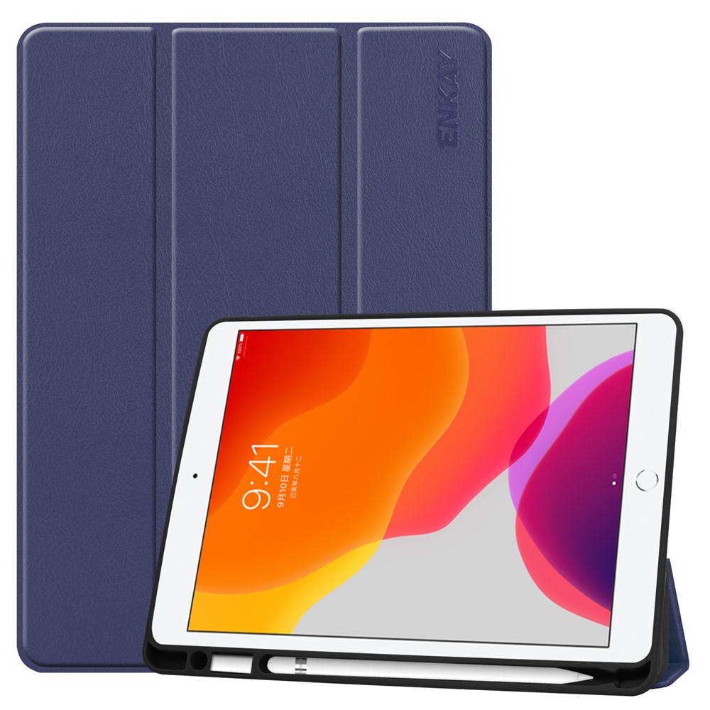 ENKAY Tri-fold Stand PU Leather Tablet Cover with Pen Holder for Apple iPad 10.2 (2019) - Dark Blue-1
