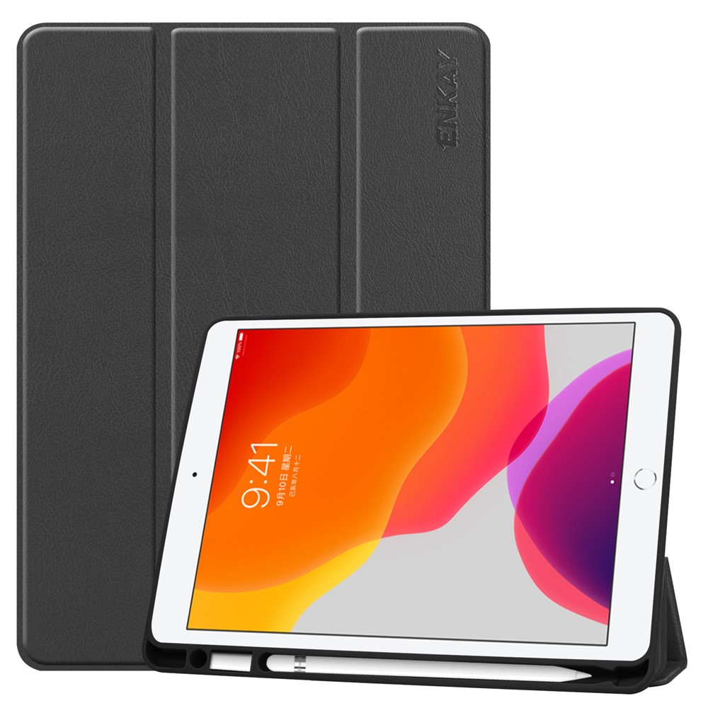 ENKAY Tri-fold Stand PU Leather Tablet Cover with Pen Holder for Apple iPad 10.2 (2019) - Black-1