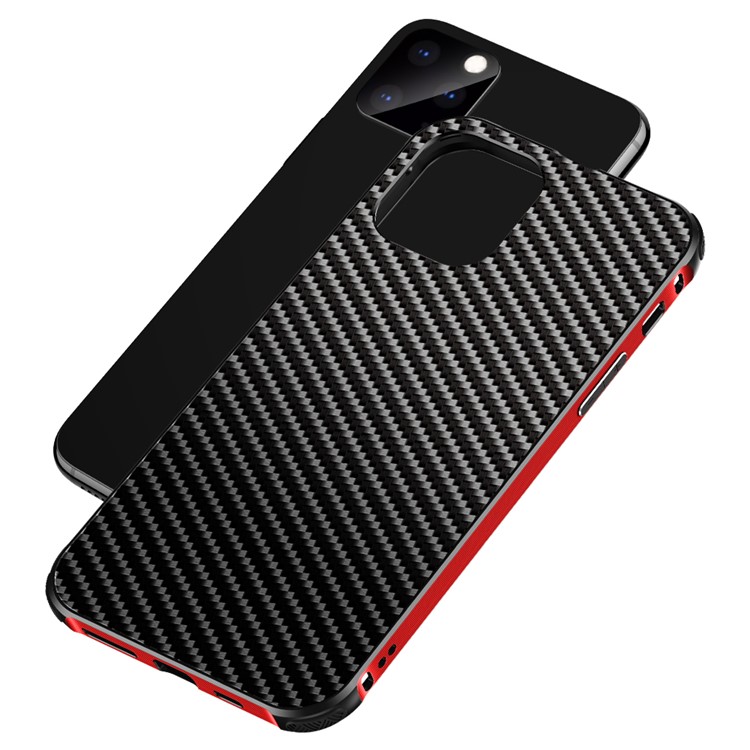 Carbon Fiber Texture Detachable 2-in-1 Non-slip Frame Metal Back Phone Case for iPhone 11 6.1 inch - Red-6