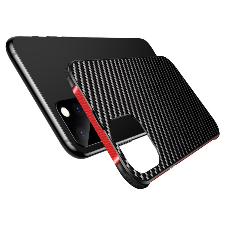 Carbon Fiber Texture Detachable 2-in-1 Non-slip Frame Metal Back Phone Case for iPhone 11 6.1 inch - Red-8