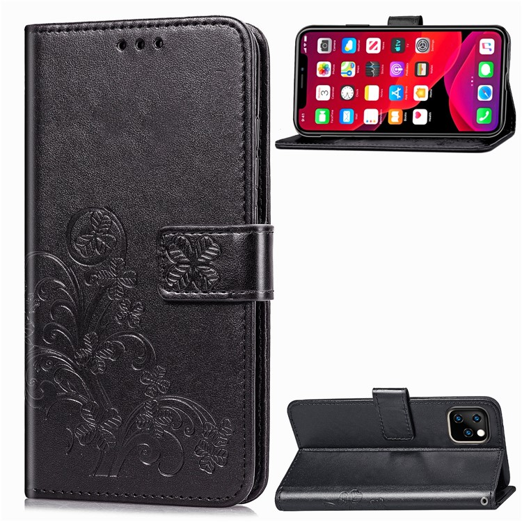 Imprint Clover Wallet Flip Leather Shell for iPhone 11 Pro 5.8 inch - Black-1