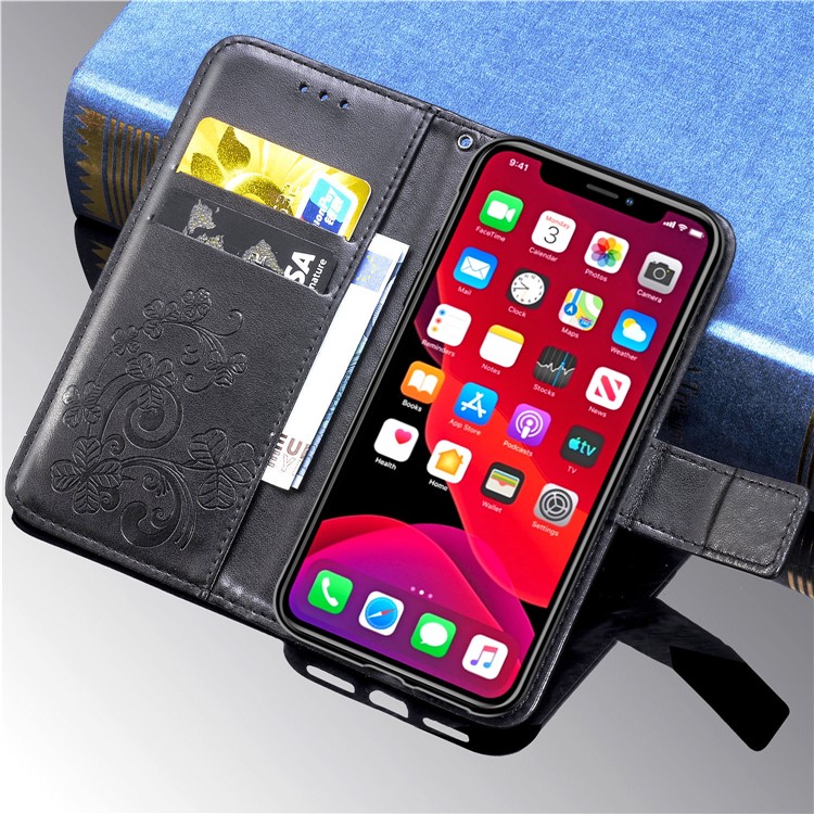 Imprint Clover Wallet Flip Leather Shell for iPhone 11 Pro 5.8 inch - Black-11