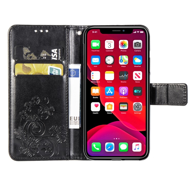 Imprint Clover Wallet Flip Leather Shell for iPhone 11 Pro 5.8 inch - Black-5