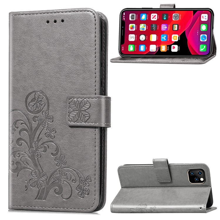 Imprint Clover Wallet Flip Leather Shell for iPhone 11 Pro 5.8 inch - Grey-1