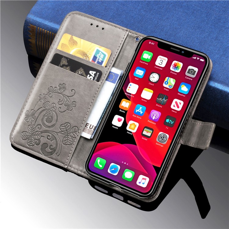 Imprint Clover Wallet Flip Leather Shell for iPhone 11 Pro 5.8 inch - Grey-14