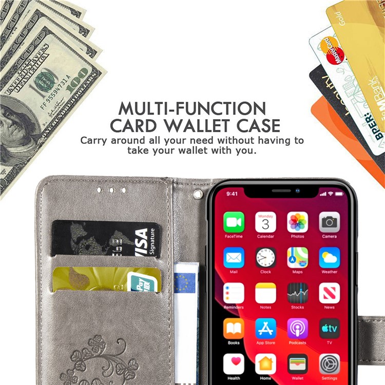 Imprint Clover Wallet Flip Leather Shell for iPhone 11 Pro 5.8 inch - Grey-9