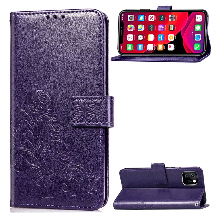 Imprint Clover Style Leather Wallet Stand Mobile Cell Shell for iPhone 11 6.1 inch - Purple-1
