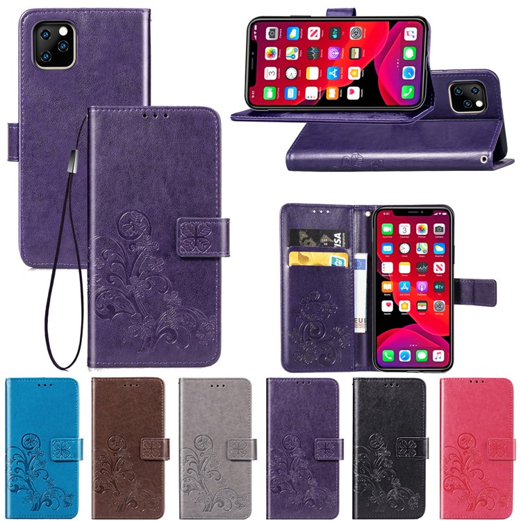 Imprint Clover Style Leather Wallet Stand Mobile Cell Shell for iPhone 11 6.1 inch - Purple-14