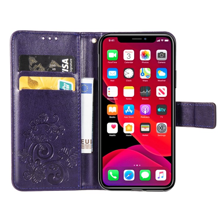 Imprint Clover Style Leather Wallet Stand Mobile Cell Shell for iPhone 11 6.1 inch - Purple-4