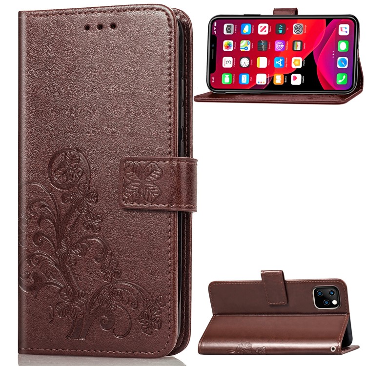 Imprint Clover Style Leather Wallet Stand Mobile Cell Shell for iPhone 11 6.1 inch - Coffee-1
