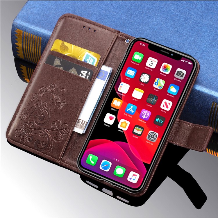 Imprint Clover Style Leather Wallet Stand Mobile Cell Shell for iPhone 11 6.1 inch - Coffee-6