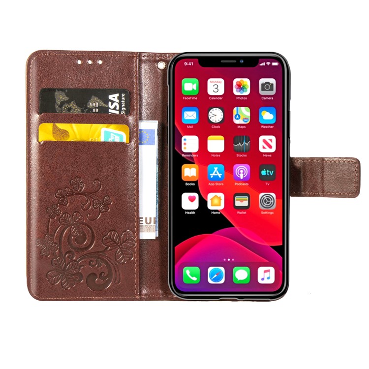 Imprint Clover Style Leather Wallet Stand Mobile Cell Shell for iPhone 11 6.1 inch - Coffee-9