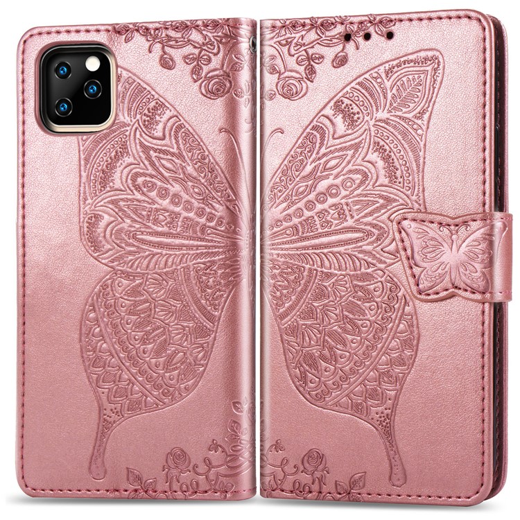 For iPhone 11 6.1 inch Imprint Butterfly Leather Covering - Rose Gold-1