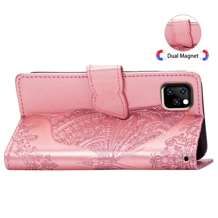 For iPhone 11 6.1 inch Imprint Butterfly Leather Covering - Rose Gold-6
