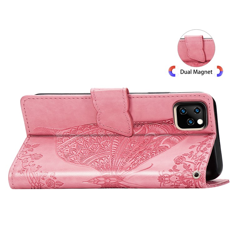 For iPhone 11 6.1 inch Imprint Butterfly Leather Covering - Pink-11