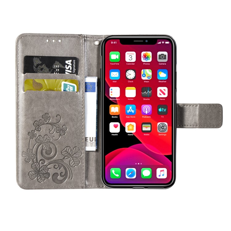 Imprint Clover Pattern Leather Wallet Case Shell for iPhone 11 Pro Max 6.5 inch - Grey-11
