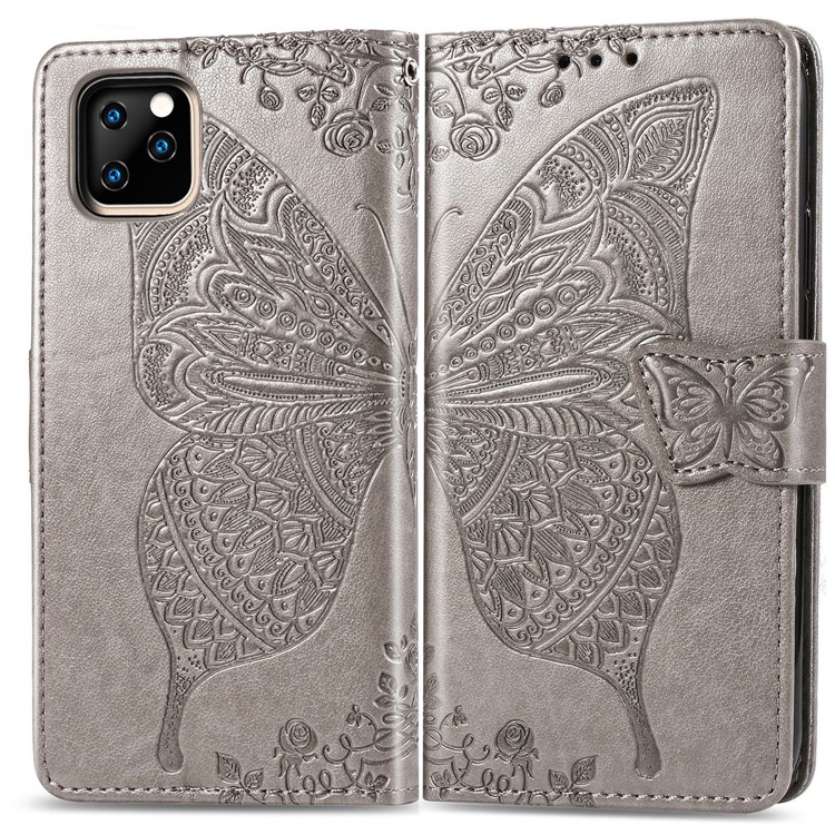 Imprint Big Butterfly Leather Wallet Shell Cover for iPhone 11 Pro Max 6.5 inch - Grey-1