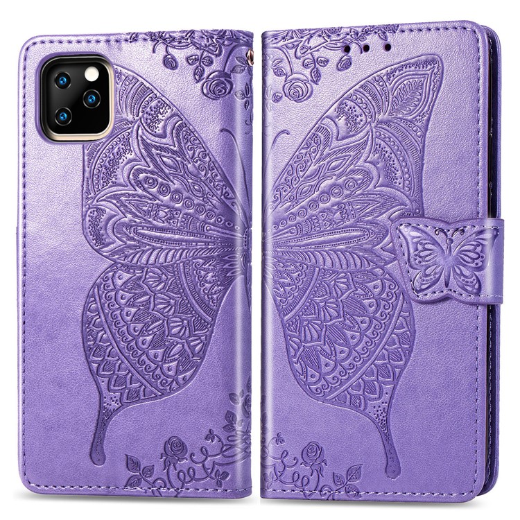 Imprint Big Butterfly Leather Wallet Shell Cover for iPhone 11 Pro Max 6.5 inch - Light Purple-1