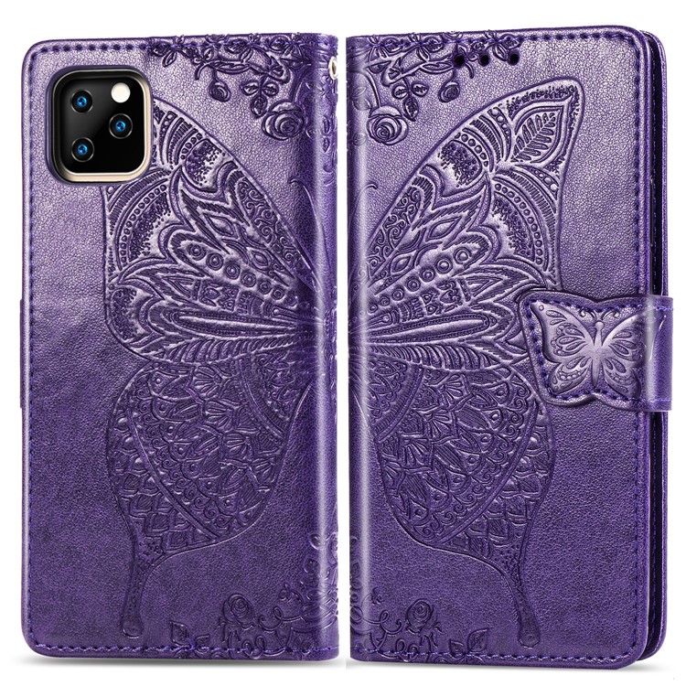 Imprint Big Butterfly Leather Wallet Shell Cover for iPhone 11 Pro Max 6.5 inch - Dark Purple-1
