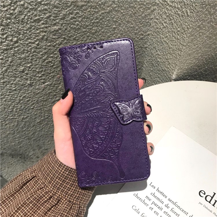 Imprint Big Butterfly Leather Wallet Shell Cover for iPhone 11 Pro Max 6.5 inch - Dark Purple-12