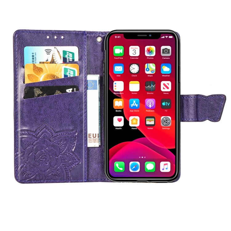 Imprint Big Butterfly Leather Wallet Shell Cover for iPhone 11 Pro Max 6.5 inch - Dark Purple-4