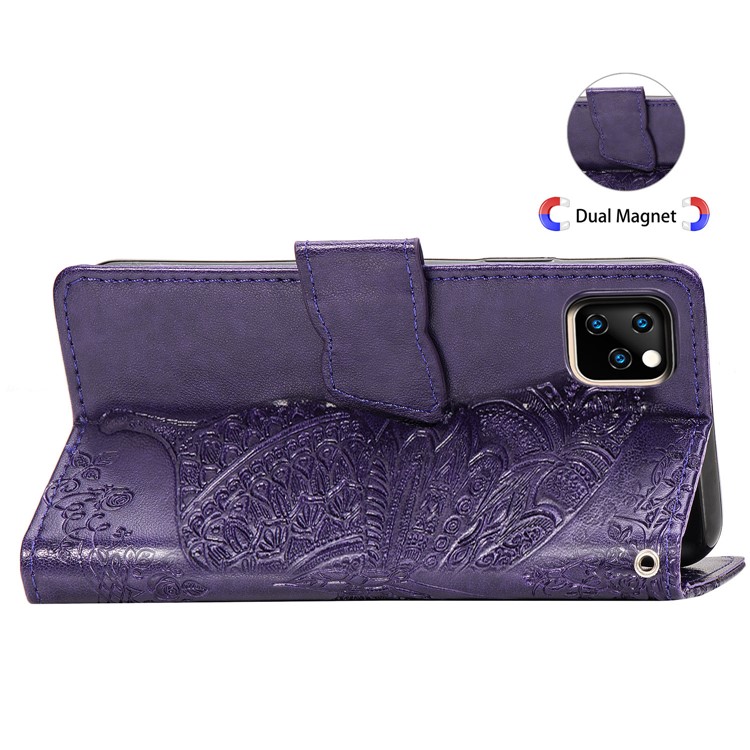 Imprint Big Butterfly Leather Wallet Shell Cover for iPhone 11 Pro Max 6.5 inch - Dark Purple-6